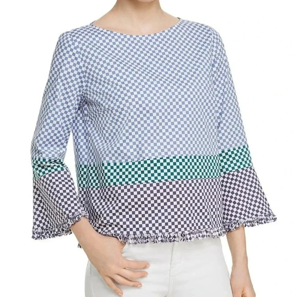 NEW MARELLA ANTIBES FRINGED CHECK-PRINT BLOUSE IN LIGHT BLUE - Picture 1 of 7